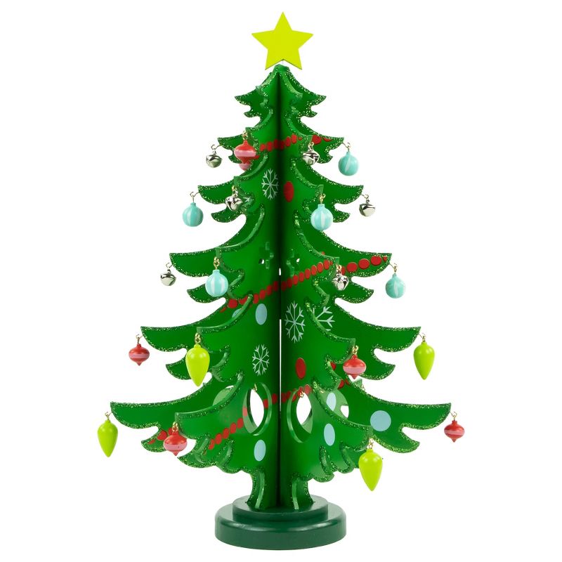 Northlight 13.75" Green 3-D Wood Christmas Tree with Ornaments Decoration, 1 of 8