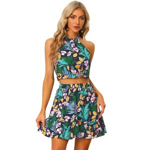 INSPIRE CHIC Women's Floral Halter Neck Sleeveless Crop Top with Short Skirt Outfits Set 2 Pcs - 1 of 4