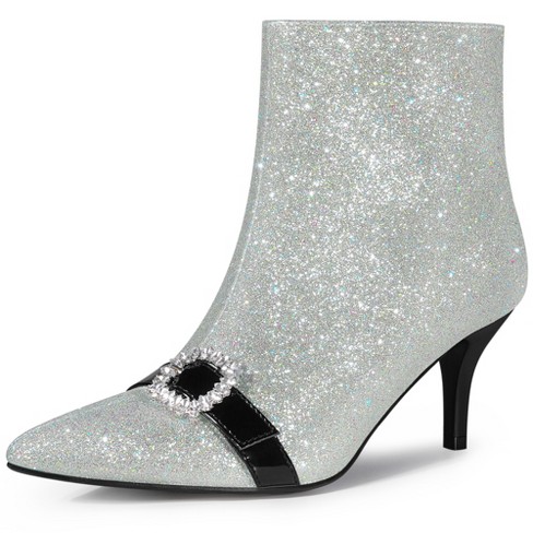 Allegra K Women's Glitter Pointed Toe Stiletto Heel Cutout Ankle