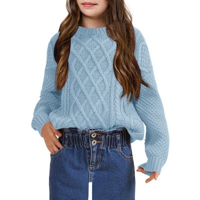 Girls Pullover Sweater Cable Knit Crew Neck Long Sleeve Sweater Knit Tops,Lake Blue - 2XL