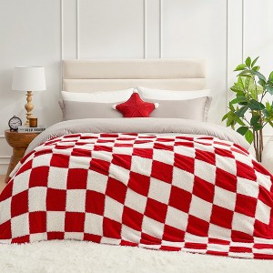 Snuggle Sac Faux Fur Checkered Throw Blanket, Fluffy Feather Yarn Blend Bedding Blankets for Couch or Bed - 1 of 4