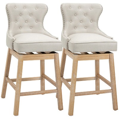 Cream White Elegant Bar Stool with Backrest, Set of 2, Nailhead Trim, Curved Backrest