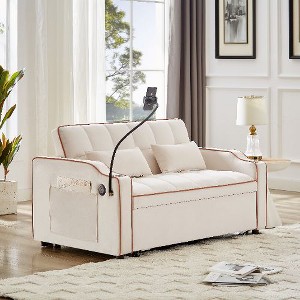 CAVINAS Versatile Foldable Sofa Bed in 3 Lengths, Modern Loveseat Sofa with Usb Port/Ashtray/Swivel Phone Stand, Velvet Pull-Out Bed - 1 of 4