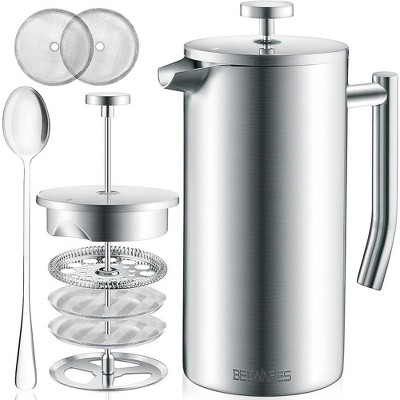 Belwares French Press Coffee Maker | Stainless Steel 304 | Double Wall | 4 Level Filtration System