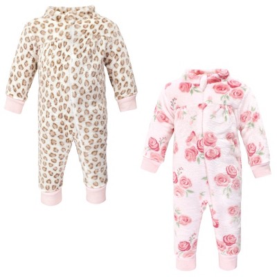Image of Hudson Baby Infant Girl Plush Jumpsuits, Blush Rose, 0-3 Months