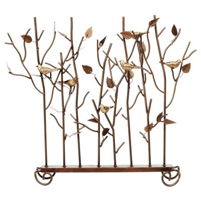 Minuteman International 26 x 5 x 26 Inch Decorative Powder Coated Iron Rustic Birds Summer Freestanding Fireplace Screen, Bronze and Gold
