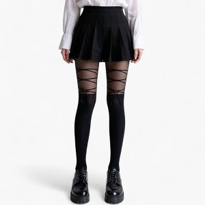 Anna-Kaci Women's Sheer Tights with Crisscross Lace-Up Detail and Opaque Lower Leg Design - 1 of 4