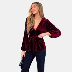 Women's Elegant Velvet Wrap Blouse with Tie Belt - Cupshe - 1 of 4