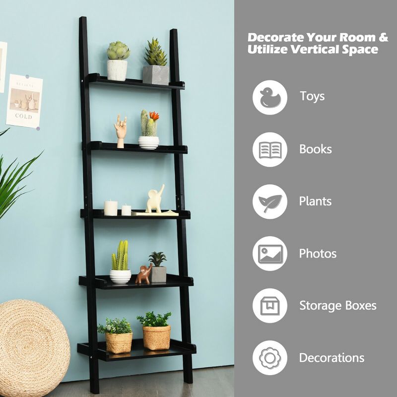 Costway Ladder Shelf 5-Tier Plant Stand Wall-leaning Bookcase Display Rack Black, 4 of 11
