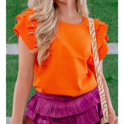 Women's Rhinestone Ruffled Rib Knit Top - BiBi