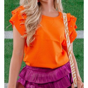 Women's Rhinestone Ruffled Rib Knit Top - BiBi - 1 of 4