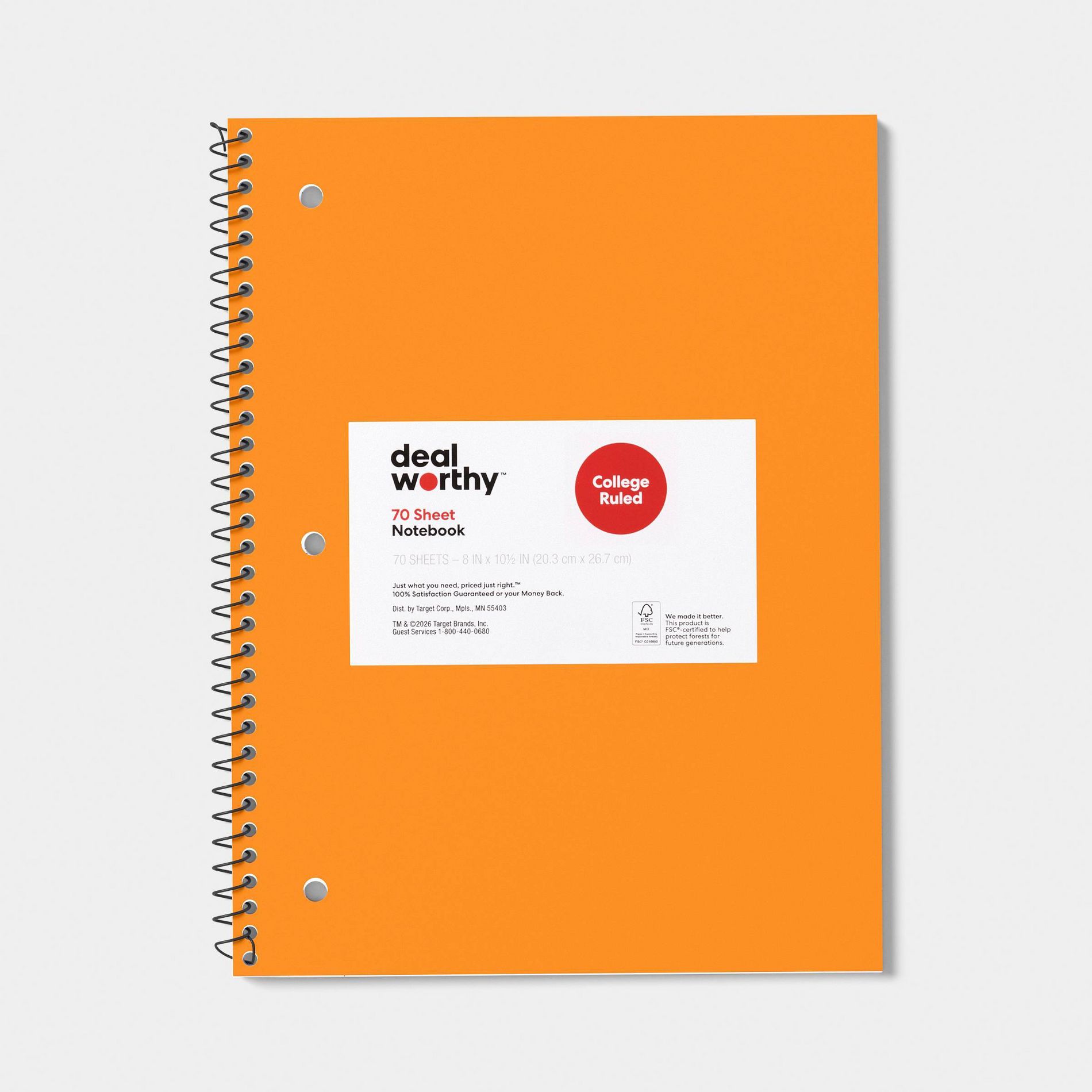 College Rule 1 Subject 7.5"x10.5" Spiral Notebook Orange - Dealworthy™