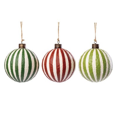 Transpac Paper Pulp Striped Ornaments Set of 3 Multicolored Christmas Tree Decorations for Indoor Holiday Decor