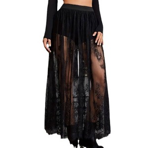 High Waist Semi-Sheer Black Lace A-Line Ankle-Length Maxi Skirt with Elastic Waistband  Inner Lining - 1 of 4