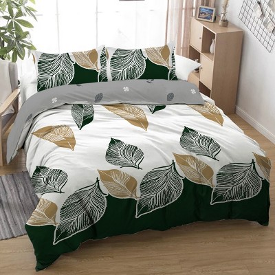 Boersma 3 Pieces Green Gold Tropical Duvet Cover Set Botanical Palm Leaves Pattern Microfiber Hawaiian Plant Bedding Set With 2 Pilowcases King