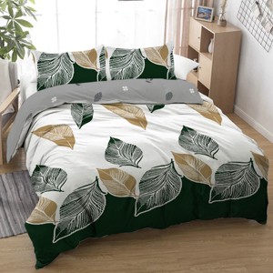 Boersma 3 Pieces Green Gold Tropical Duvet Cover Set Botanical Palm Leaves Pattern Microfiber Hawaiian Plant Bedding Set With 2 Pilowcases King - 1 of 4