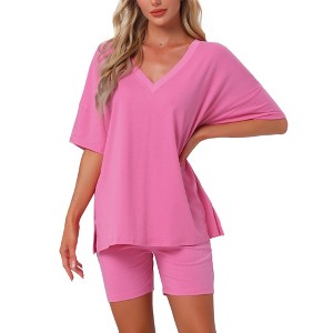 INSPIRE CHIC Women's Oversized V Neck Workout Tracksuit T-Shirts Tops with Biker Shorts Pajamas Lounge Set 2 Pcs - 1 of 4