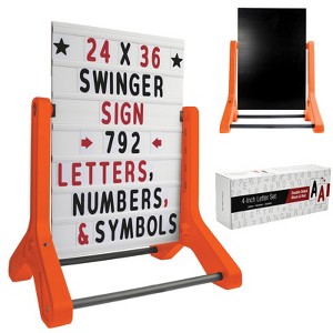 Excello Global Products Swinging Changeable Message Sign: 24" x 36" Sign , 792 Double Sided Letters/Storage Box. Black Board/Letter Board(Orange Legs) - 1 of 4