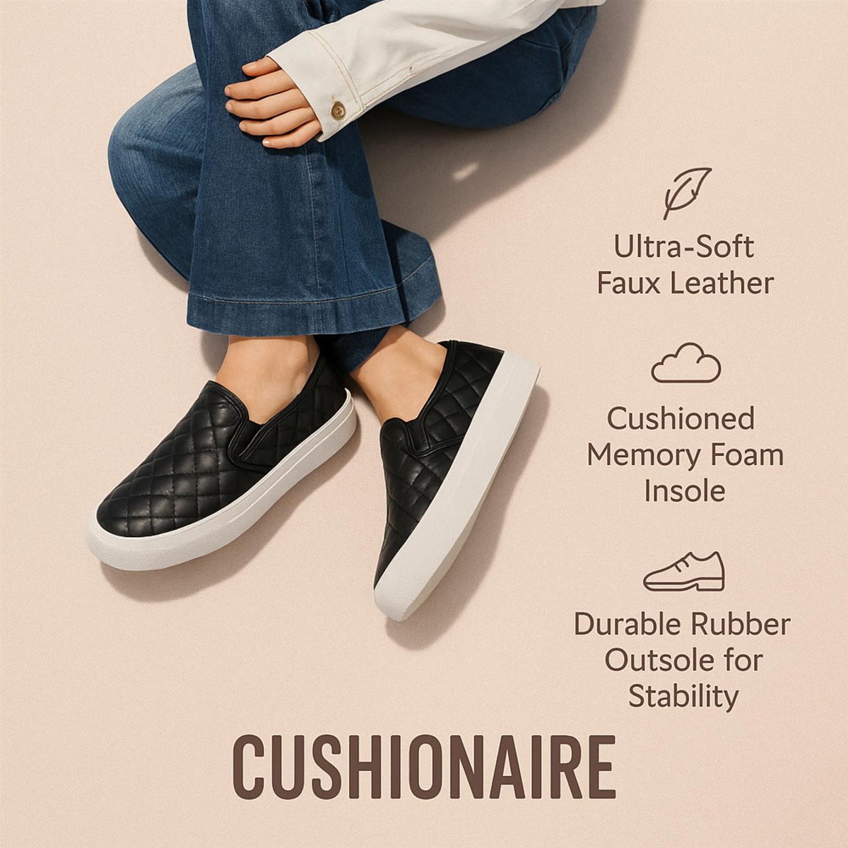Женские кроссовки CUSHIONAIRE Faze Women’s Quilted Slip-On Sneaker – Faux Leather Casual Shoe with Memory Foam Insole & Rubber Outsole - Black 8.5 — фото 6