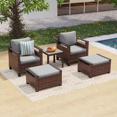 Sonkuki 5 Pieces PE Rattan Patio Chairs & Side Table, Patio Furniture with Cushion, Ottomans for Lawn, Sand
