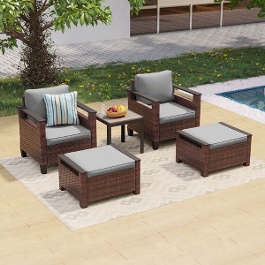 Sonkuki 5 Pieces PE Rattan Patio Chairs & Side Table, Patio Furniture with Cushion, Ottomans for Lawn, Sand - 1 of 4