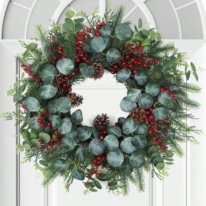 Spring Wreaths for Front Door, Boxwood Wreaths with Pine Cones Leaves Berries Eucalyptus Indoor Outdoor Wedding Decorations Home Decor - 1 of 4