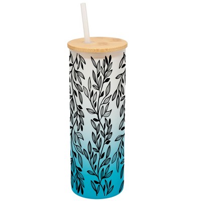 Elanze Designs Elegant Forest Floral Vine Leaf Wrap-Around Design 25 Ounce Frosted Gradient Glass On-The-Go Coffee Travel Skinny Tumbler Mug Cup,
