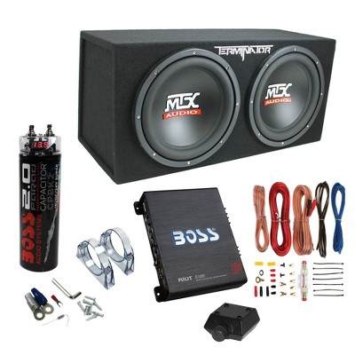 MTX TNE212D 12" 1200 Watt 4 Ohm Dual Loaded Car Audio Subwoofer Package with Sub Enclosure, Boss 1100W Mono A/B Amplifier, Wiring Kit and Capacitor