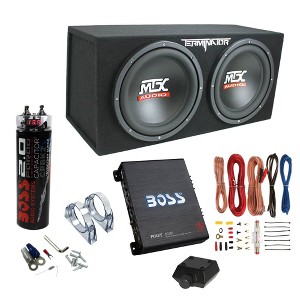 MTX TNE212D 12" 1200 Watt 4 Ohm Dual Loaded Car Audio Subwoofer Package with Sub Enclosure, Boss 1100W Mono A/B Amplifier, Wiring Kit and Capacitor - 1 of 4