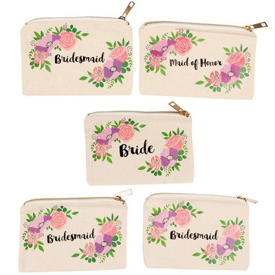 Juvale 5 Pack Canvas Comestic Makeup Bags, Bridal Shower Pouches for Bachelorette Party Gifts, Jewelry Storage Bags with Floral Design