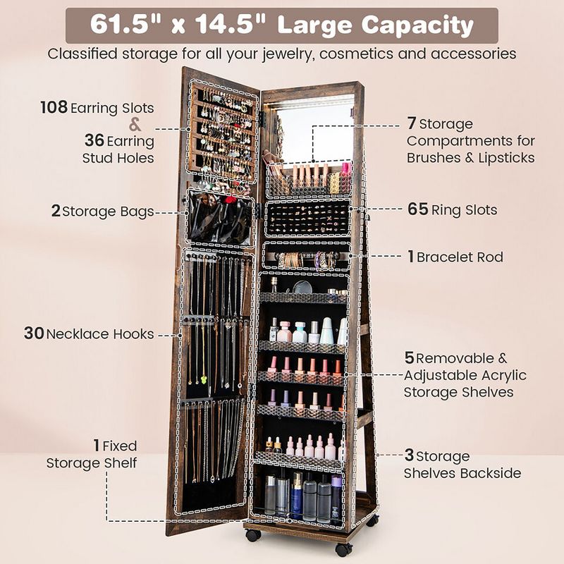 Tangkula 64" Jewelry Organizer Lockable Jewelry Cabinet Armoire w/ Mirror & LED Lights, 4 of 11