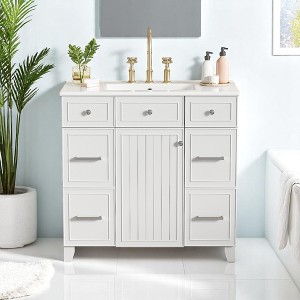 Mshliw 36" Bathroom Vanity with Ceramic Sink, Solid Wood Frame, Freestanding Cabinet with 3 Drawers, Adjustable Shelves & Soft Close Door - 1 of 4