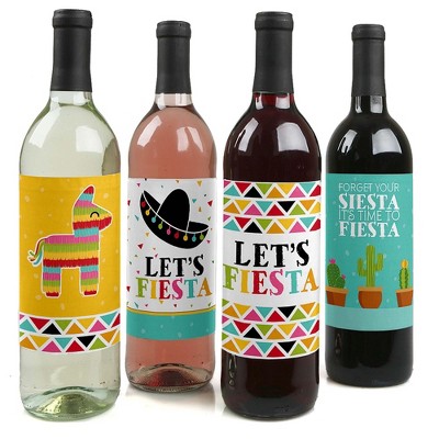 Big Dot of Happiness Let's Fiesta - Mexican Fiesta Party Decorations for Women and Men - Wine Bottle Label Stickers - Set of 4