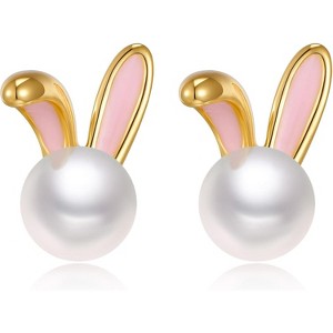 Easter Rabbit Pearl Earrings Dainty Studs Bunny Carrot Cute Animal Jewelry - 1 of 4