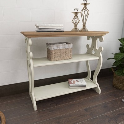 Cottage Charm White and Natural Wood 2-Tier Console Table with Storage