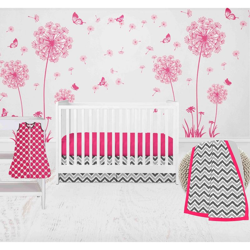 Bacati - Ikat Dots Leopard  Pink Grey Girls 4 pc Crib Set with Muslin Sleeping Sack, 1 of 7