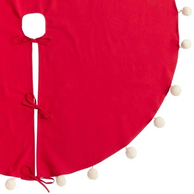 Red Cotton Christmas Tree Skirt with Pom Pom Design
