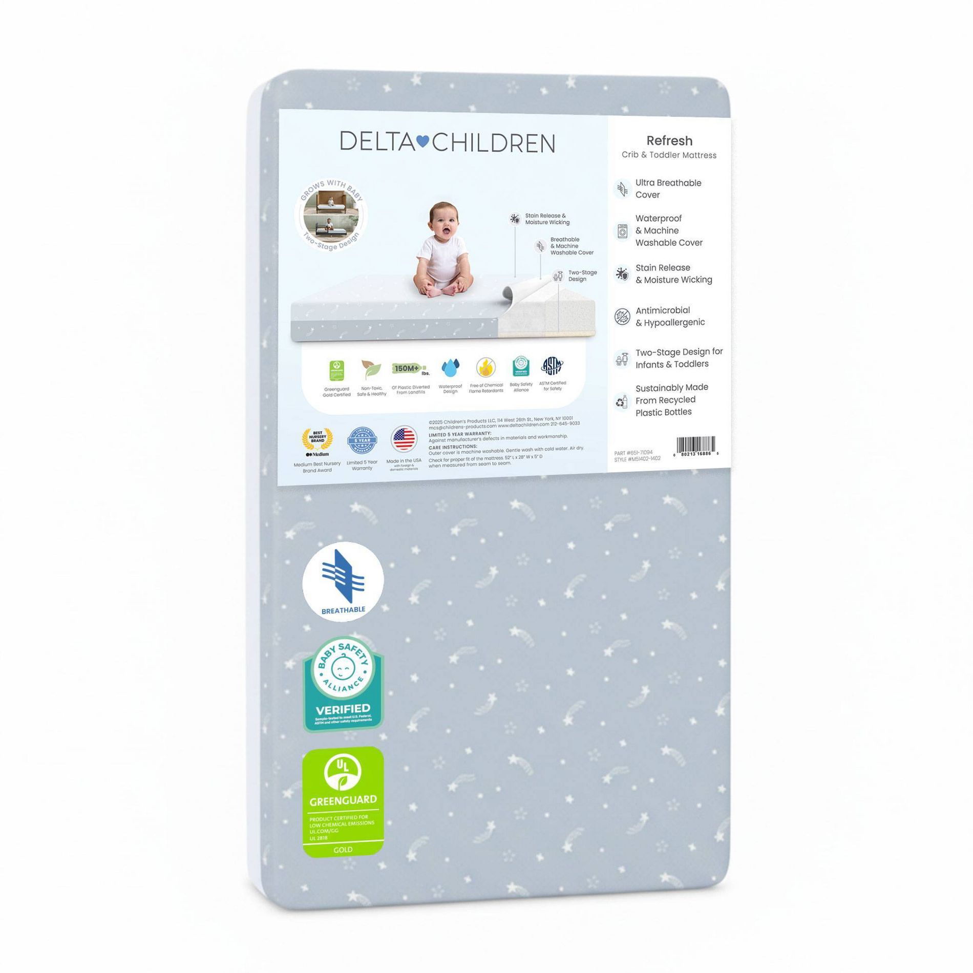 Delta Children Refresh 2-Stage Standard Crib and Toddler 5" Hybrid Mattress with Greenguard Gold