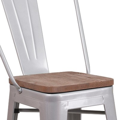 Silver Metal Counter Stool with Curved Slatted Back and Textured Wood Seat