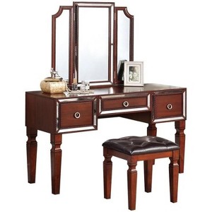 TiramisuBest Luxurious Majestic Classic Cherry Color Vanity Set w Stool 3- Storage Drawers 1pc Bedroom Furniture Set Tri-Fold Mirror - 1 of 4