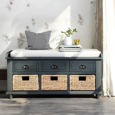 Alilang 42.10 inches Wooden Entryway Bench with Cushioned Seat and Wicker Basket Storage-Antique Navy