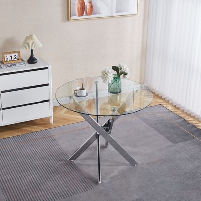 NicBex Modern 35.43" Round Coffee Table with Glass Top and Cross Metal Legs for Living Room and Bedroom