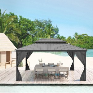 Hardtop Gazebo - Outdoor Metal Pavilion with Galvanized Steel and Aluminum Frame, Double Roof Canopy with Netting and Curtains -Ideal for Patio - 1 of 4