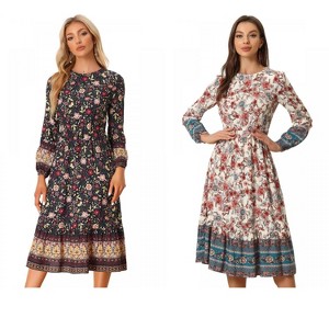 INSPIRE CHIC Women's Boho Crew Neck Floral Long Puff Sleeves Midi Dress 2 Packs - 1 of 4