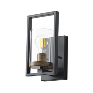 Dewdrop Industrial Wall Sconce with Clear Glass Shade, Black Frame and Wood Base for Bathroom Vanity - 1 of 4