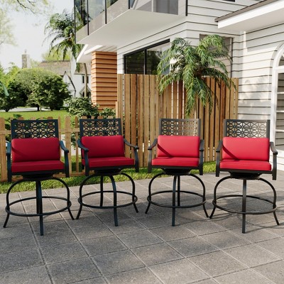 4PCs Outdoor Swivel Bar Stools with Red Cushions, Counter Height Patio Bar Stools with Armrests & Backrests for Backyard