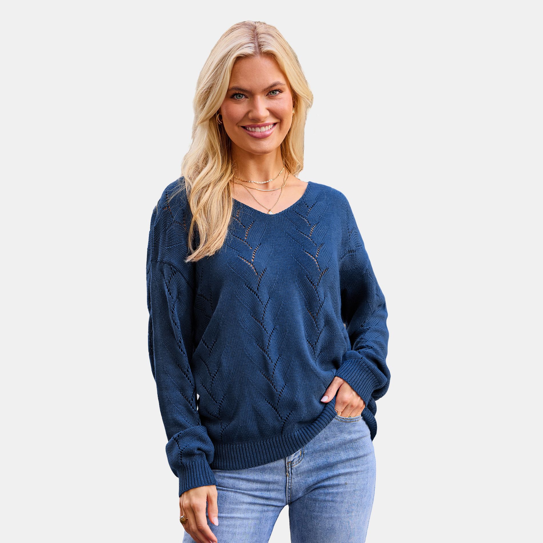 Women's Stylish Navy Blue Openwork Knit - Cupshe-XL-Blue