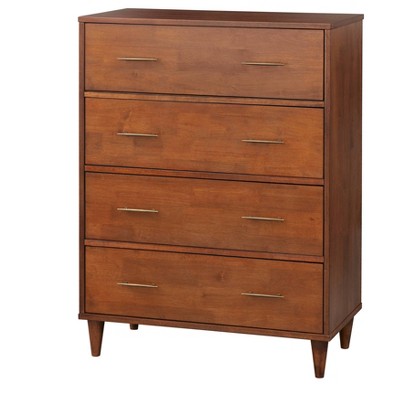 Image of Ana 4 Drawer Chest Oak - Lifestorey: Mid-century Style, Brass-Finished Handles, MDF Rubberwood Veneer