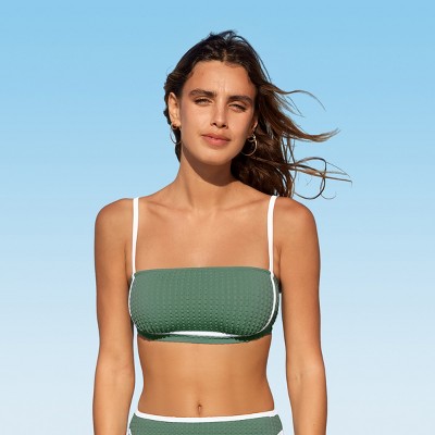 Women's Chic Green/Black Textured Contrast Trim Bikini Top - Cupshe