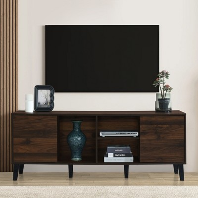Mid-Century Modern TV Stand TV Console Media Console Entertainment Center with 2 Storage Cabinets for TVs Up to 70", Dark Brown-ModernLuxe